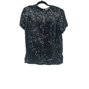 Diane Gilman Black Sequin Short Sleeve‎ Silk Top Blouse Party